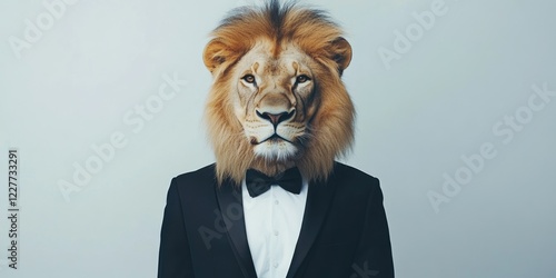 Sophisticated lion in a tuxedo and bowtie against a clean white backdrop ideal for adding personalized text or branding elements. photo