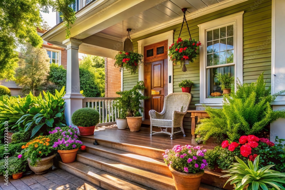 Fototapeta premium Charming Home Porch Curb Appeal: Rustic Decor & Cozy Seating Ideas