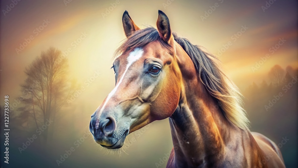 Obraz premium Charming Horse Double Exposure: Curious Gaze Over Neutral Background - Stock Photo