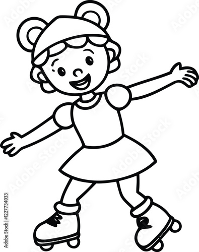 Little girl rollerblading vector illustration, Cute Little girl rollerblading silhouette vector art, Little girl rollerblading line art vector