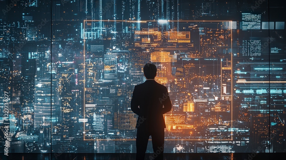 Fototapeta premium Businessman Analyzing Futuristic Data on Transparent Digital Screen