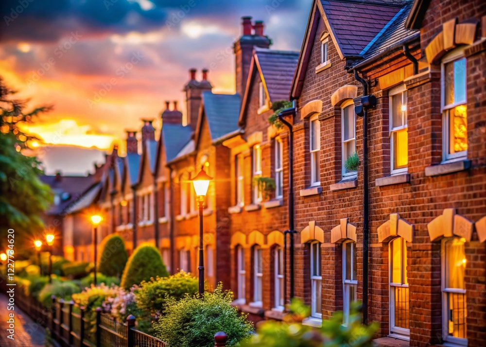 Fototapeta premium Charming Row of Red Brick Terraced Houses with Bokeh Background - UK Architecture Stock Photo