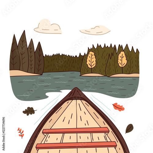 Canoe gliding through a peaceful autumn. Nature adventure for outdoor, travel, and relaxation themes.