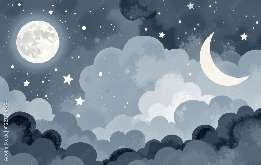 Enchanting Night Sky Full Moon Crescent Moon Clouds and Stars Background Illustration Enchanting Night Sky Full Moon Crescent Moon Clouds and Stars Background Illustration