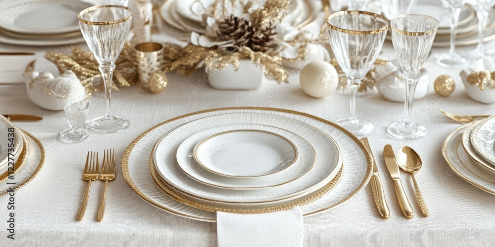 Elegant holiday table setting featuring white and gold decor with empty space for text background ideal for seasonal promotional materials Elegant holiday table setting featuring white and gold decor with empty space for text background ideal for seasonal promotional materials