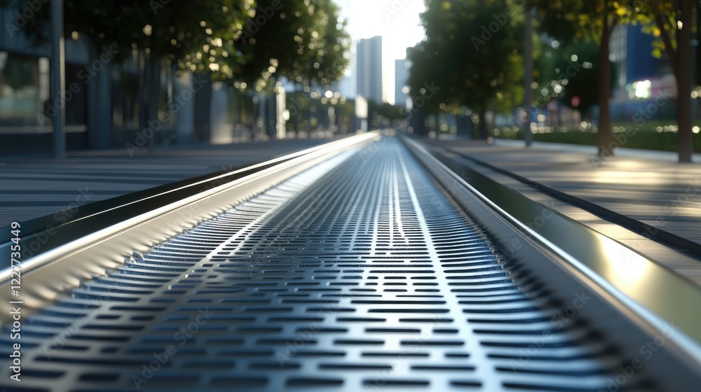Urban rail system showcasing sleek silver tracks under warm sunlight with lush greenery and modern buildings in the background. Urban rail system showcasing sleek silver tracks under warm sunlight with lush greenery and modern buildings in the background.