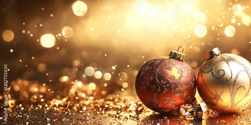Fototapeta premium Elegant festive background featuring golden and red ornaments with bokeh lights and ample space for text or holiday greetings.