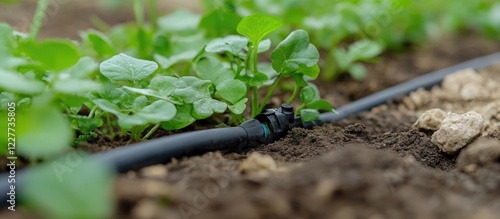 Engineer fixing drip irrigation system in garden closeup with green plants and soil background suitable for text overlay and gardening themes photo