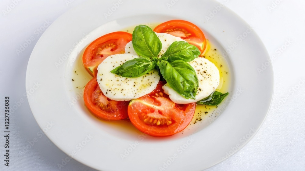 A fresh and simple caprese salad featuring sliced tomatoes, mozzarella, and fresh basil A fresh and simple caprese salad featuring sliced tomatoes, mozzarella, and fresh basil