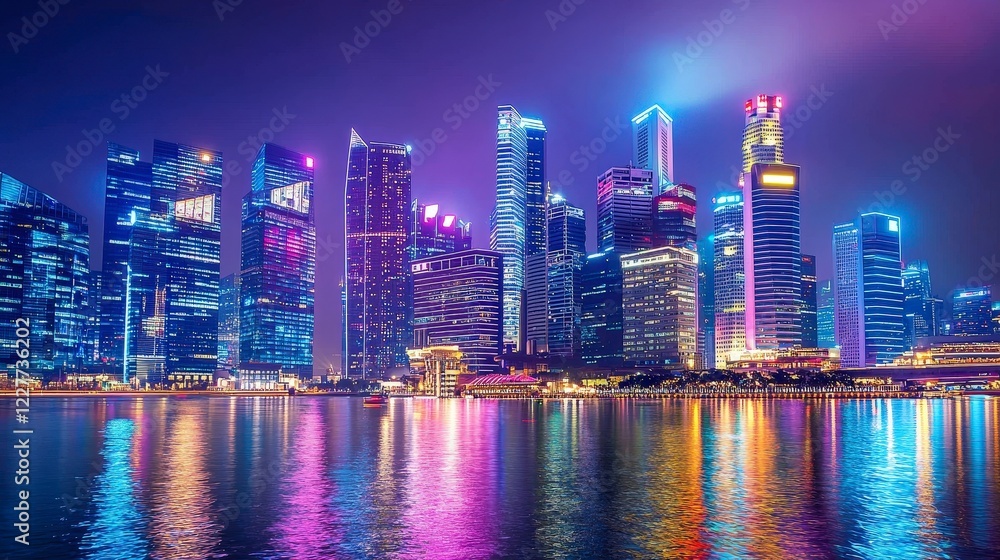Fototapeta premium Vibrant Night Cityscape with Colorful Reflections and Skyscrapers