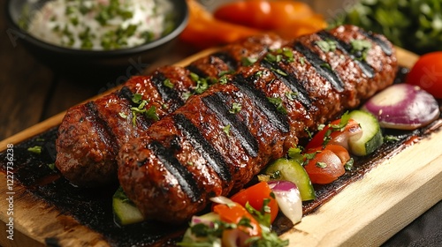 Steak with grilled vegetables on a wooden cutting board.