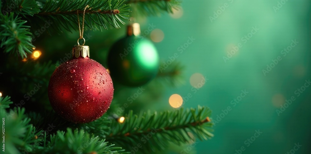 Sparkling glass baubles adorn a festive Christmas tree, green, isolated Sparkling glass baubles adorn a festive Christmas tree, green, isolated