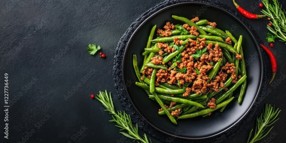 Elegant green bean dish with casein-free minced meat on a dark plate with ample copy space for culinary text or branding Elegant green bean dish with casein-free minced meat on a dark plate with ample copy space for culinary text or branding