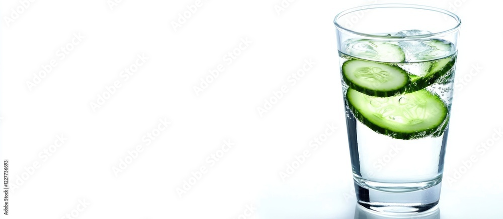 Refreshingly infused water with cucumber slices and lime in a glass on a white background with ample copy space for text. Refreshingly infused water with cucumber slices and lime in a glass on a white background with ample copy space for text.