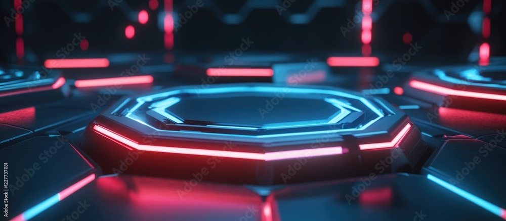 Futuristic Digital Hexagonal Interface with Neon Lights for Data Analysis and Text Space Background Futuristic Digital Hexagonal Interface with Neon Lights for Data Analysis and Text Space Background