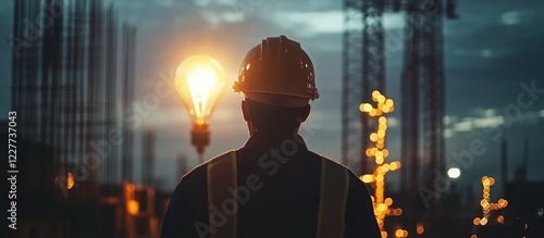 Engineers in Safety Gear Overseeing Construction Site with Dramatic Lighting and Copy Space for Text and Branding photo