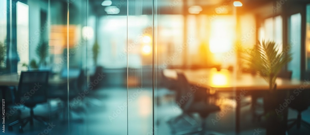 Modern Glass Office Partition with Meeting Room Background and Soft Sunset Light Ideal for Text Placement Modern Glass Office Partition with Meeting Room Background and Soft Sunset Light Ideal for Text Placement