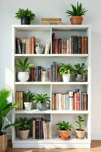 Book-filled white shelf with vibrant plants and neatly stacked files over the wall, bookshelf, plants