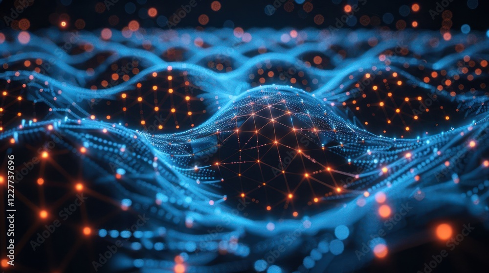 Abstract representation of interconnected digital waves with glowing nodes in a futuristic setting Abstract representation of interconnected digital waves with glowing nodes in a futuristic setting