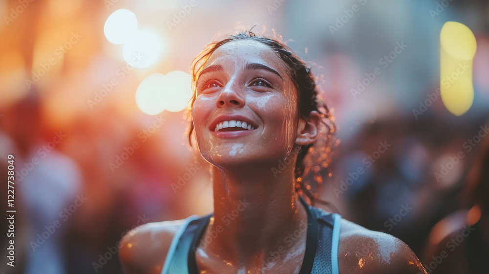 A runner, drenched in sweat after completing a marathon, looks up at the crowd cheering them on. A runner, drenched in sweat after completing a marathon, looks up at the crowd cheering them on.
