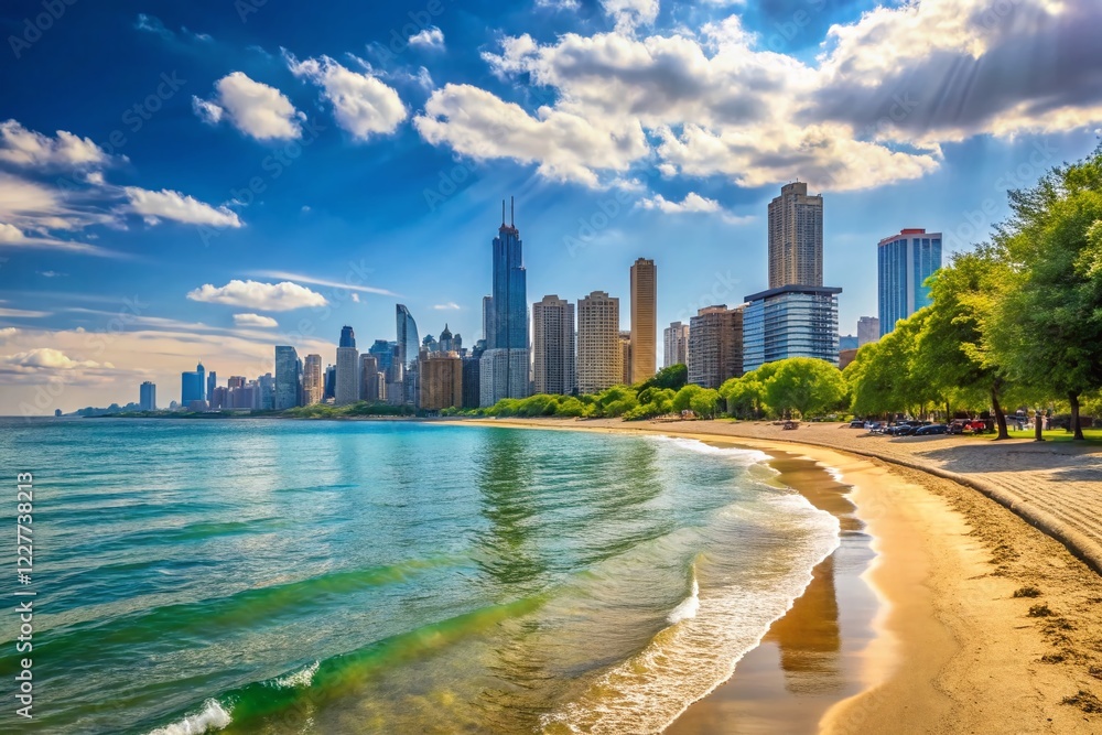 Obraz premium Chicago Oak Street Beach Lake Michigan Summer Cityscape Skyline Panoramic Landscape