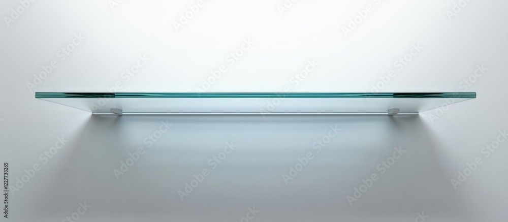 Glass shelf isolated on a white wall with ample empty space ideal for text or product display in a minimalist setting Glass shelf isolated on a white wall with ample empty space ideal for text or product display in a minimalist setting
