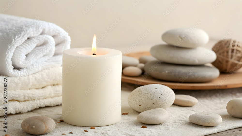 Spa Day Serenity: A lit candle, fluffy towels, and a carefully arranged stack of smooth stones create a tranquil and inviting spa-like atmosphere, perfect for relaxation and rejuvenation. Spa Day Serenity: A lit candle, fluffy towels, and a carefully arranged stack of smooth stones create a tranquil and inviting spa-like atmosphere, perfect for relaxation and rejuvenation.