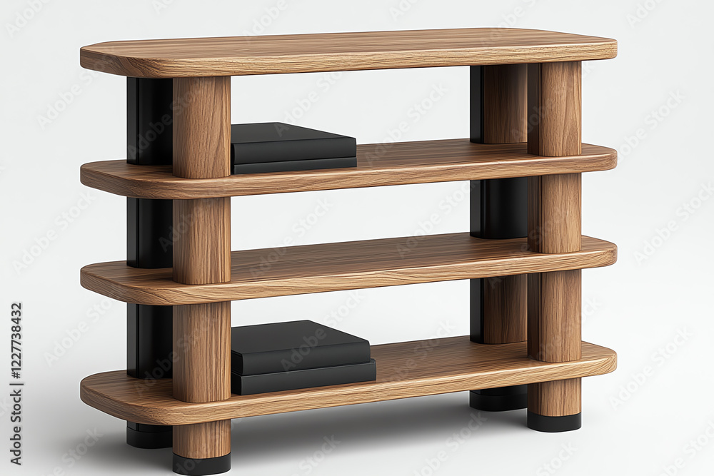 Modern wooden shelf with three tiers and black accents, perfect for storage Modern wooden shelf with three tiers and black accents, perfect for storage