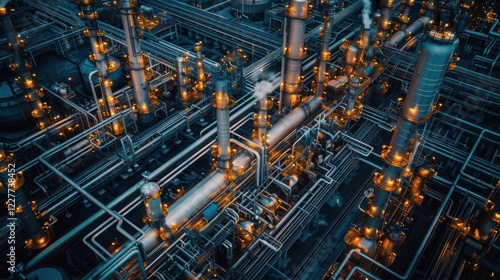 Aerial view of a complex industrial facility with illuminated pipes and machinery at night