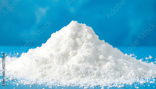 A lot of refined sugar on the blue table background photo