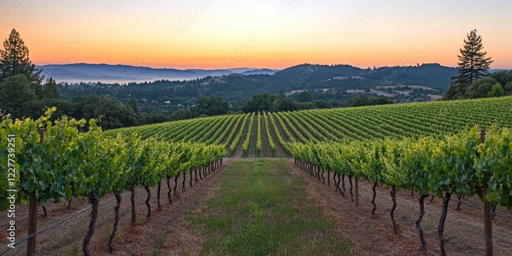 Fototapeta premium Elegant Vineyard Landscape at Sunset with Lush Grape Vines and Clear Copy Space for Text in Scenic Rural Setting