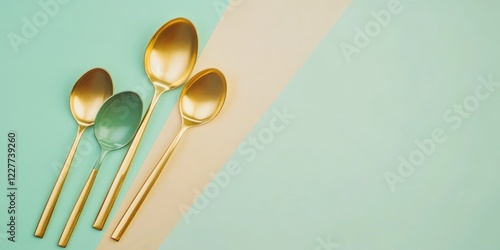 Elegant golden and jade soup spoons on a minimalist background with space for text showcasing luxury dining and table decor concepts photo