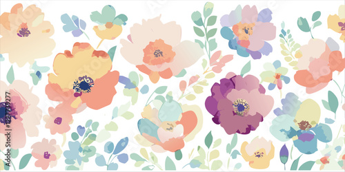 Watercolor print background spring flowers, simple style, pastel colors, floral botanical design, vector illustration
