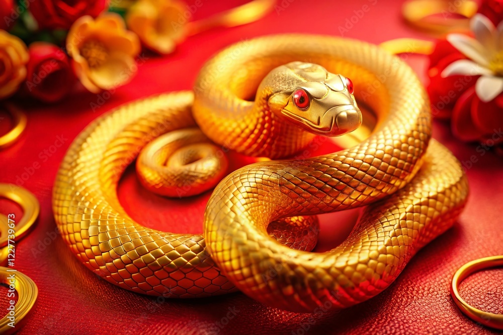 Obraz premium Chinese New Year 2025: Golden Snake on Red - Festive Celebration Stock Photo