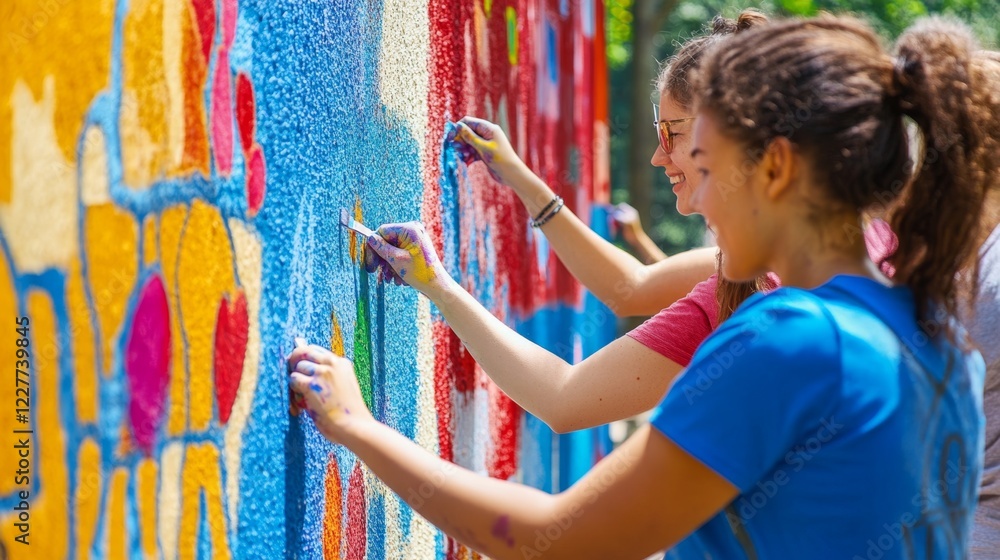 Fototapeta premium Diverse Team of Volunteers Painting a Colorful Mural Outdoors