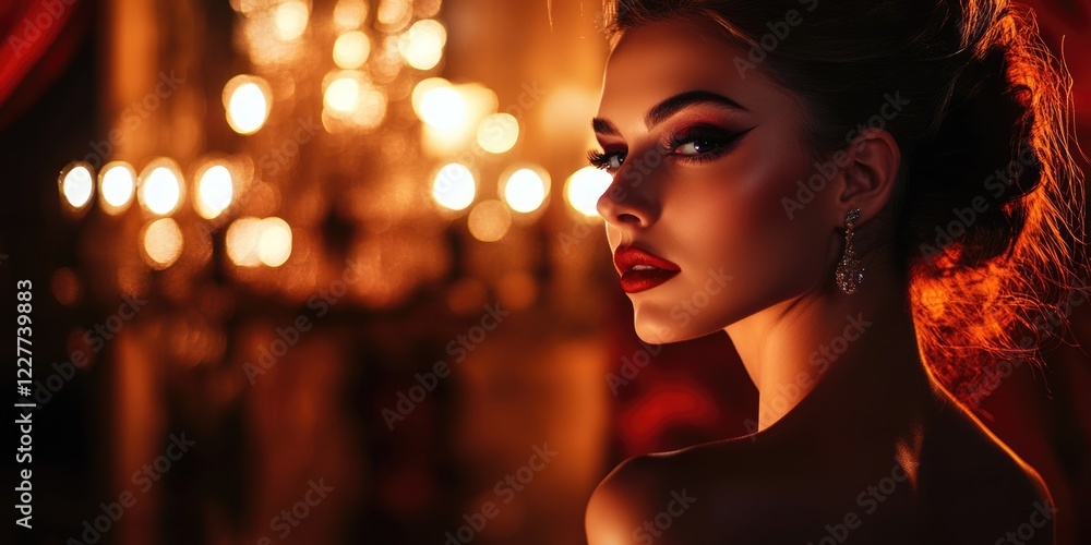 Sophisticated woman with bold makeup in luxurious twilight setting featuring warm lighting and ample copy space for text or branding Sophisticated woman with bold makeup in luxurious twilight setting featuring warm lighting and ample copy space for text or branding