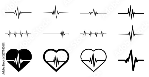 Ensemble d'icônes cardiogramme, domaine médical, étude du cœur, cardiologie, unicolore, vecteur