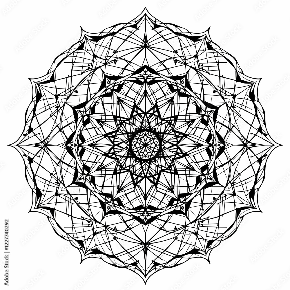Obraz premium Highly Detailed Mandala with Sacred Geometry Influences Featuring Interlocking Circles, Triangles, and Hexagons – Perfect for Minimalist and Fractal-Inspired Design Projects with Precise Linework