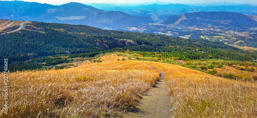 Mount Aso, or Aso Volcano, the largest active volcano in Japan stands in Aso Kuju National Park in Kumamoto Prefecture, Kyushu, Japan photo