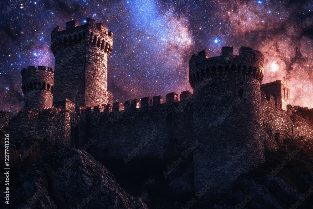 Fototapeta premium Majestic castle under the starry night sky with vibrant galactic colors