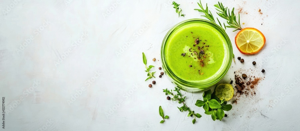 Refreshing green herbal beverage with spices and herbs in a bowl on a light background suitable for text placement and healthy lifestyle concepts. Refreshing green herbal beverage with spices and herbs in a bowl on a light background suitable for text placement and healthy lifestyle concepts.