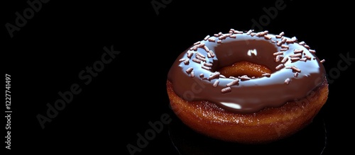 Glazed chocolate doughnut with sprinkles on a black background ideal for advertising and showcasing dessert options photo