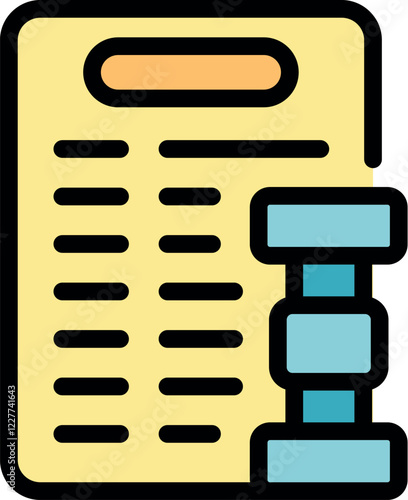 Fitness plan document icon representing exercise schedule, dumbbell training, workout routine, and gym activity tracker