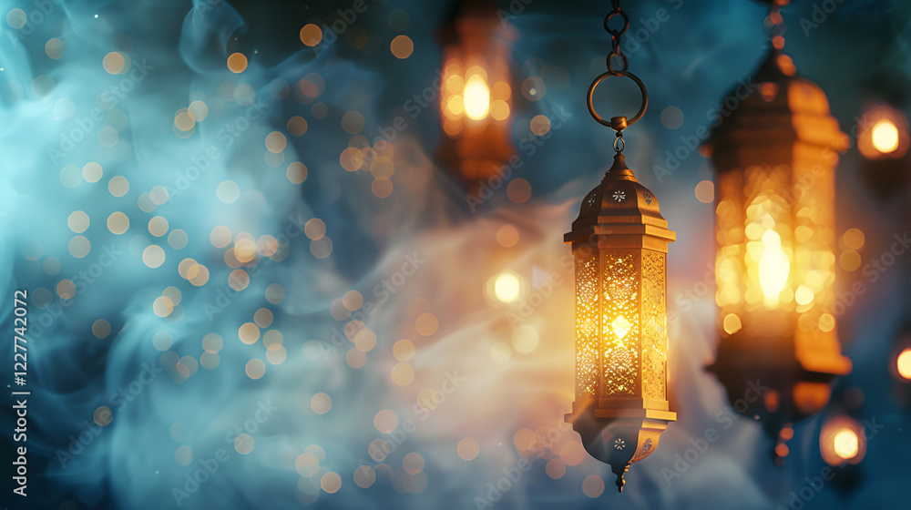 Glowing arabian lanterns amidst dreamy mist with warm bokeh Glowing arabian lanterns amidst dreamy mist with warm bokeh