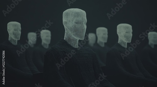 Abstract representation of faceless figures in a dark setting signifying anonymity and the concept of identity in modern society