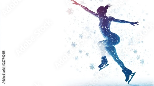 Professional figure skater performing a graceful jump in a winter-themed setting with snowflakes surrounding her