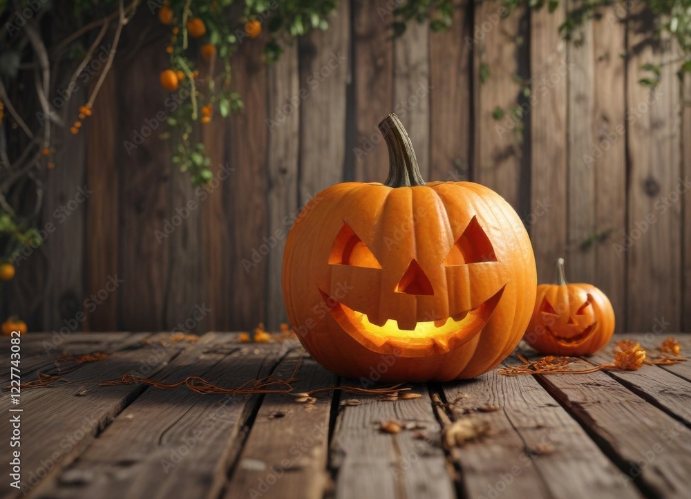 Grinning jack-o'-lantern on wooden planks with vines and cobwebs, seasonal, woodland, spooky Grinning jack-o'-lantern on wooden planks with vines and cobwebs, seasonal, woodland, spooky