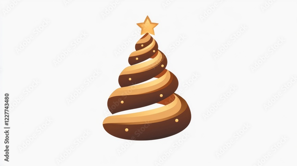 Decorative brown spiral Christmas tree topped with a star and adorned with golden ornaments Decorative brown spiral Christmas tree topped with a star and adorned with golden ornaments