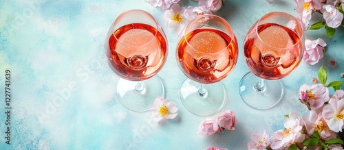 Three glasses of rose sparkling wine on a floral backdrop with vibrant reflections and empty space for elegant text display photo