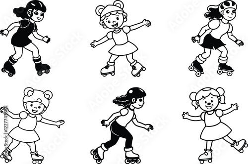 Little girl rollerblading set vector illustration, Cute Little girl rollerblading silhouette vector art, Little girl rollerblading line art vector